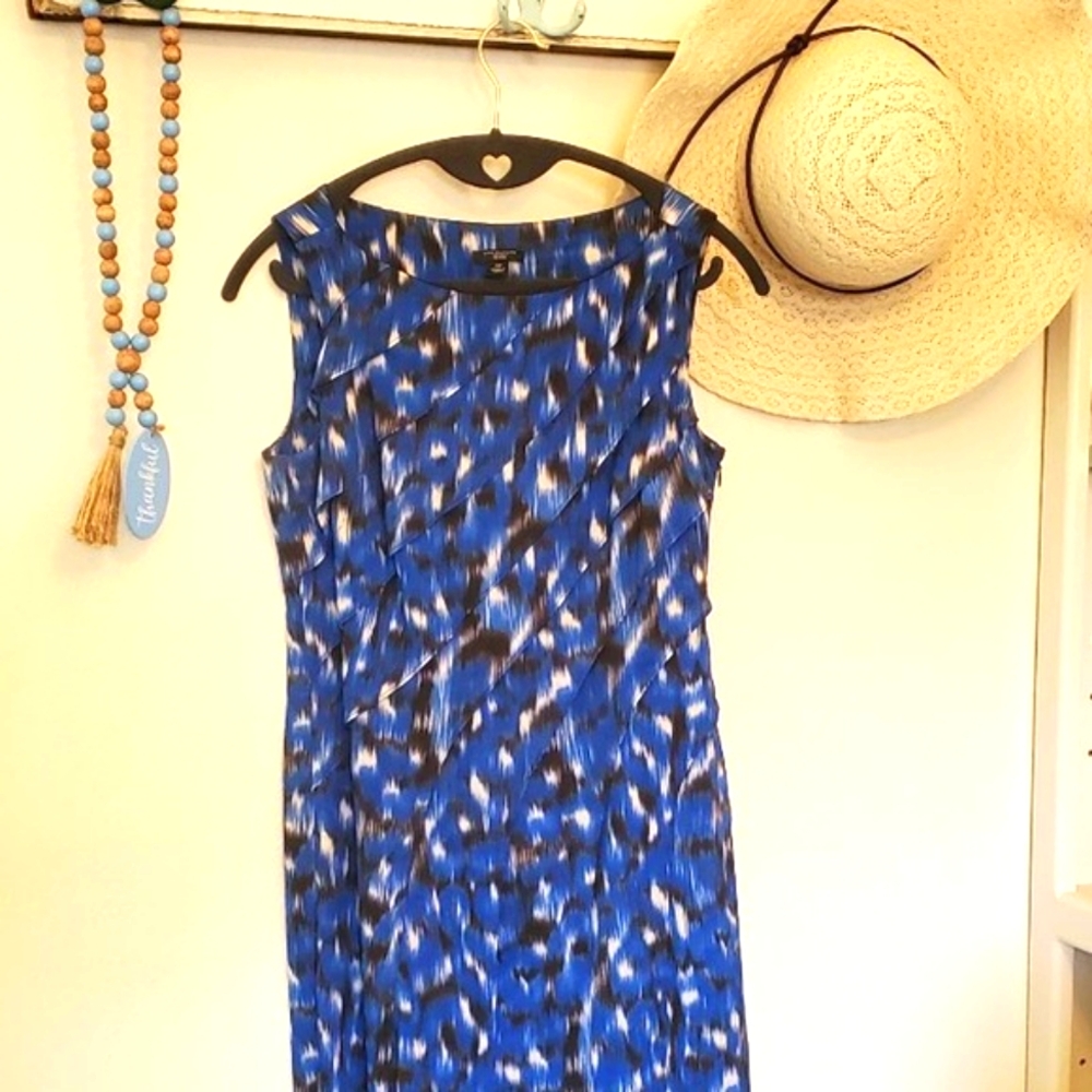 Ann Taylor Petite Size 2 Sleeveless Lined Summer Dress Blue White Black Pattern